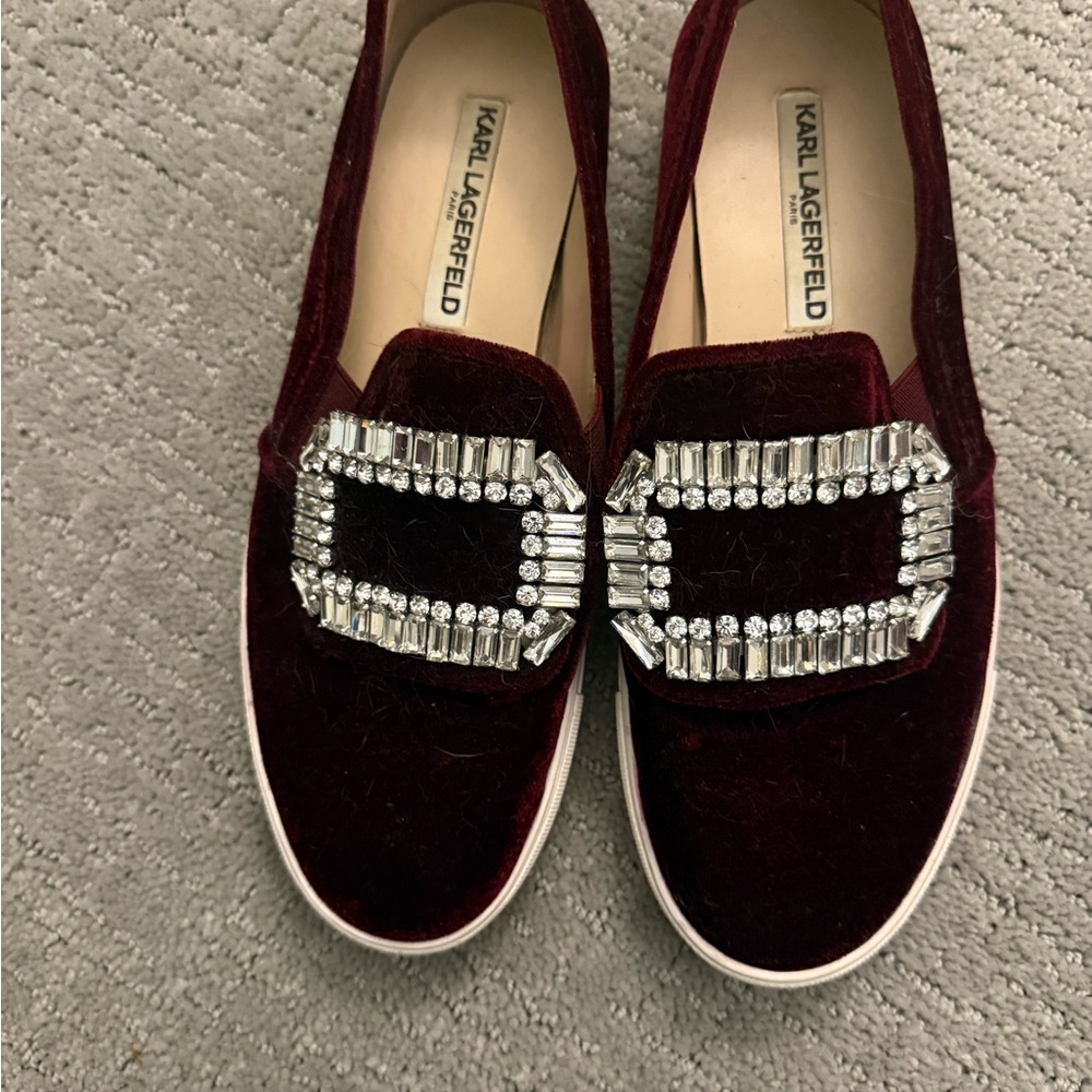 Karl Lagerfeld Deep Red Velvet Loafers with Crystal Embellishment